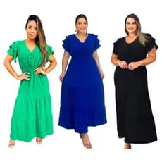 Vestido Longo Plus Size Feminino Duna Pipoca Social – Manga Curta Babado, Moda Evangélica, Ideal para Igreja e Eventos
