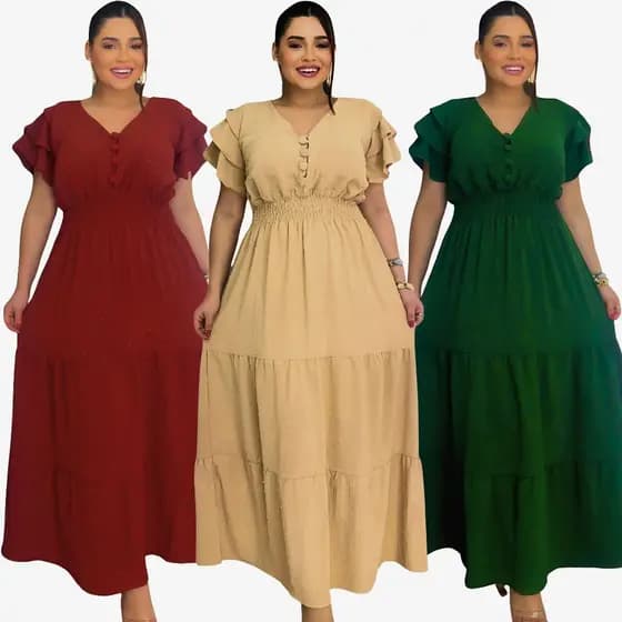 Vestido Feminino Plus Size Longo Duna Pipoca – Manga Curta, Cós Elástico, Moda Casual Confortável