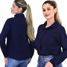 Camisa Blusa Liso Feminino Poliéster Manga Longa Colarinho com Botões com elastano