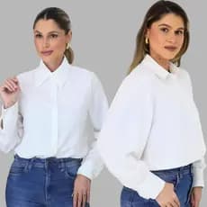 Blusa Social Feminino Tecido Crepinho Liso Plus Zise Manga Longa com Botões na Frente