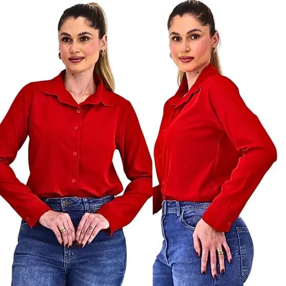 Camisa Feminina Social Vermelha com Botões Manga Longa, Tecido Leve, Estilo Elegante e Casual