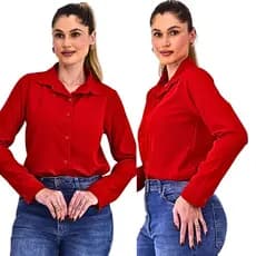 Camisa Feminina Social Vermelha com Botões Manga Longa, Tecido Leve, Estilo Elegante e Casual