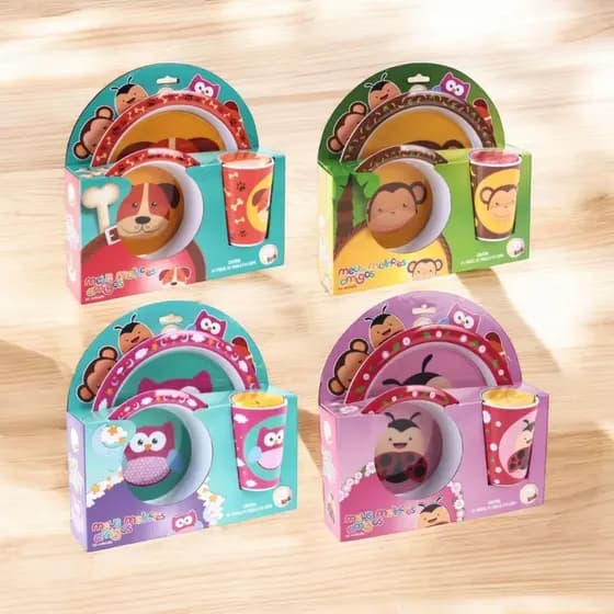 Kit Refeição Infantil Criança Bebê 3 Peças Prato Tigela Copo Meus Melhores Amigos
