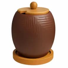 Açucareiro Saleiro Cerâmica Premium com Tampa de Madeira Porta Temperos e Condimentos