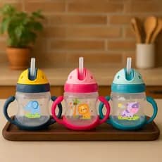 Kit Copos de Transição Infantil Duas Cores 250ml com Canudo Antivazamento