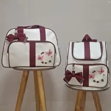 Kit Bolsa de Bebê e Mochila Maternidade Borboleta Bege com Vinho