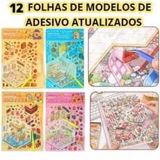 Caderno Adesivos 3d 8 Cenários para montagem + Pinça - livro interativo para Montar e Decorar