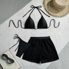 Conjunto De Biquíni Feminino De 3 Peças De Cor Sólida , Saia Curta , Maiô De Malha
