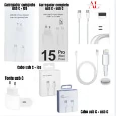 Kit Carregador de IPHONE Completo IOS/ IPHONE 15 usb C/ Cabo usb C + IOS/ Cabo usb C + usb C/ Fonte