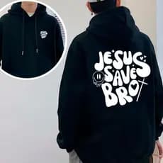 Moletom Canguru Religioso Jesus Saves Bro Unissex Streetwear Casaco com Capuz e Bolsos