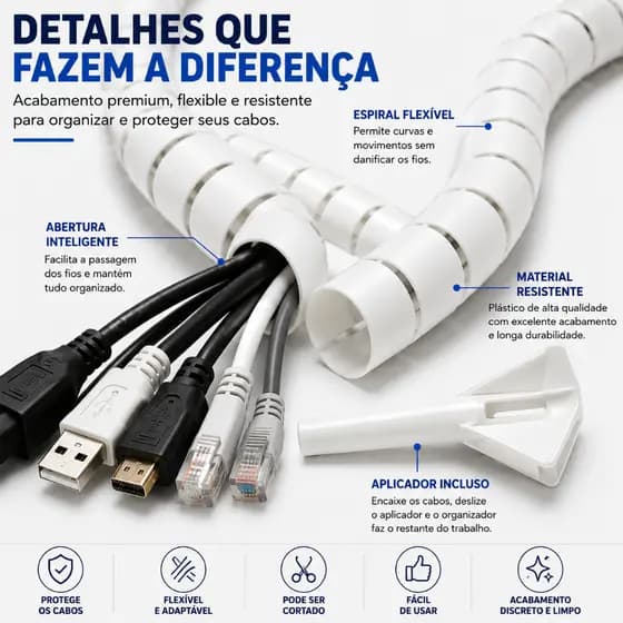Organizador Fios Mesa Computador Enrola Esconder Arruma Escritório Capa Cabos Branca Com Aplicador