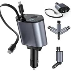 Carregador Veicular 4em1 Retrátil Turbo 120W Cabo Tipo C iPhone USB Display Voltagem Carro 12V 24V