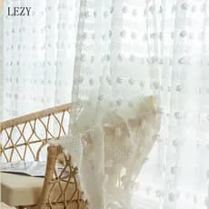 Cortina de Tule Transparente com Pompom Branco 3D e Bordado Tridimensional para Sala de Estar, Porta Deslizante Moderna