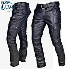Calças de Motociclista Masculinas em Couro PU com Zíper e Bolsos Cargo Outono GLDS