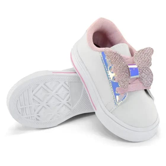 Tênis Infantil Menina Escolar Confortável Antiderrapante Branco e Rosa  com Detalhe Borboleta Glitter no Cadarço