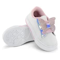 Tênis Infantil Menina Escolar Confortável Antiderrapante Branco e Rosa  com Detalhe Borboleta Glitter no Cadarço