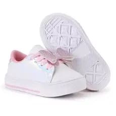 Tênis Infantil Menina Escolar Confortável Antiderrapante Branco e Rosa ou Preto com Detalhe Laço Glitter no Cadarço.