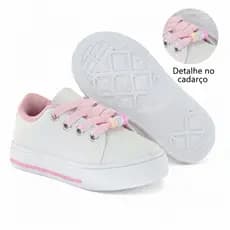 Tênis Infantil Menina Escolar Confortável Antiderrapante Branco e Rosa  com Detalhe no Cadarço