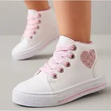 Tênis Bota Infantil Menina Escolar Confortável Estilosa Antiderrapante Branco e Rosa com Detalhe Coração Glitter 20 a 27