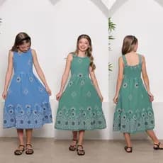 Vestido Midi  Infantil E Juvenil Barrado en Duna Pra Mininas Adolecentes 10,12,14,16 Azul, Off, Rosa