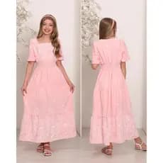 Vestido Longo Juvenil Manga Curta  Estampado Floral Em Tecido Duna Espumado tamanhos 12, 14,16 preto