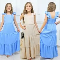 Vestido Longo Infantil E Juvenil Babado En Duna Lizo Moda Adolecentes Mininas 12,14,16  ,Verde, Azul