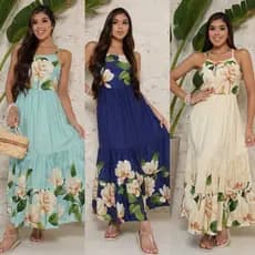 Vestido Regata Floral Miúdo com Babado na Barra para Férias de Verão Feminino Cores Rose, Verde Azul