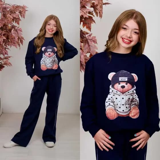 Moletom Juvenil Conjunto Estampa Urso Ideal Pra Dias Mais Frios Em Cores Marro,  Preto, Azul Marinho