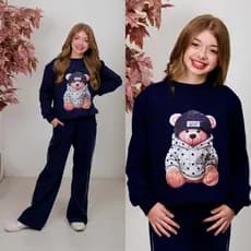 Moletom Juvenil Conjunto Estampa Urso Ideal Pra Dias Mais Frios Em Cores Marro,  Preto, Azul Marinho