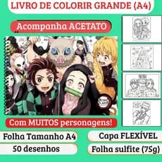 Caderno de Colorir GRANDE A4 - DEMON SLAYER (capa FLEXÍVEL e ACETATO, 50 desenhos) - Anime, Caderno para colorir