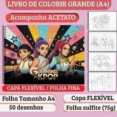 Caderno de Colorir Guerreiras do KPOP- Grande A4, Capa Flexível, Acetato, 50 desenhos