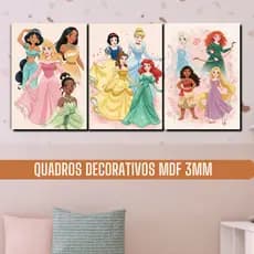 Kit 3 Quadros Decorativos Infantil PRINCESAS - MDF 3mm (60x28 cm medida total) - Quarto Menina, Decoração Infantil