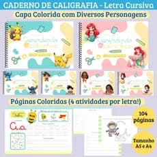 Caderno de Caligrafia 104 páginas Letra CURSIVA Colorido - Capa flexível (livro de caligrafia,  alfabetização infantil)