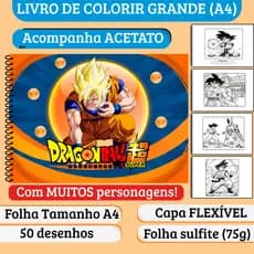 Caderno de Colorir Dragon Ball - Grande A4, Capa Flexível, Acetato, 50 desenhos (Anime, Goku, Livro de Colorir infantil)