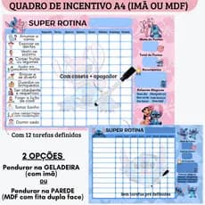 Quadro de Incentivo Rotina STITCH ANGEL + Caneta c/ Apagador (Imã p/ Geladeira ou MDF p/ Parede) - Tarefas, Atividades