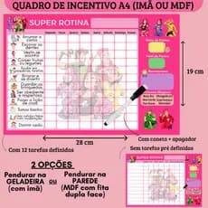 Quadro de Incentivo Rotina Dos Rosa A4 + Caneta c/ Apagador (Imã p/ Geladeira ou MDF p/ Parede)