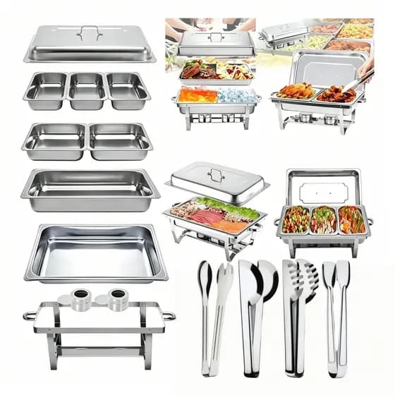 Rechaud Retangular Inox 36L Kit Banho Maria Completo p 6 Peças (1+2+3) Buffets Grande,DAMAI222