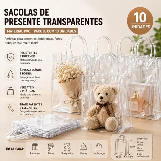 Envio de São Paulo： 20 Peça Sacola de PVC para Presente Transparente Com Alça Cristal 25 x 20 x 7cm