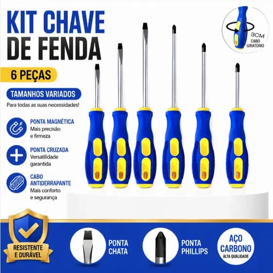 Conjunto com seis chaves de fenda ponta magnética corpo em aço resistente cabo antiderrapante