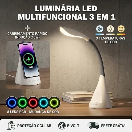 Luminária de Mesa Profissional 700 Lm Bivolt - Carregamento Rápido Qi 10W e Proteção Ocular - Estudo/Office