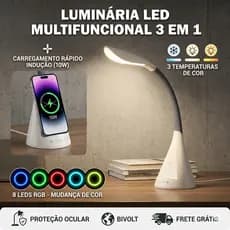 Luminária de Mesa Profissional 700 Lm Bivolt - Carregamento Rápido Qi 10W e Proteção Ocular - Estudo/Office