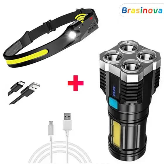 Kit de lanterna tática recarregável + lanterna corporal LED USB Lanterna esportiva para acampamento