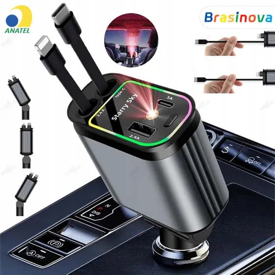 Carregador Retrátil para Carro 4 em 1 com Luz LED 180° Ajustável e Cabo Flexível para iPhone Android