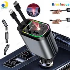 Carregador Retrátil para Carro 4 em 1 com Luz LED 180° Ajustável e Cabo Flexível para iPhone Android