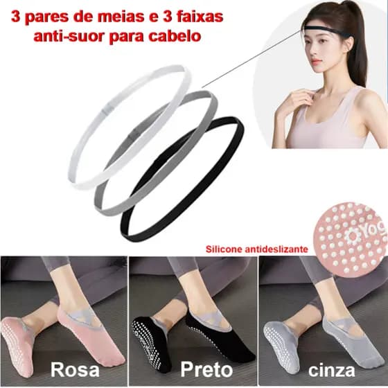 3 pares de meias antiderrapantes para ioga + 3 calçados à prova de suor, Pilates, corrida e Fitness