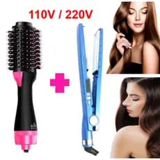 Kit Escova Rotativa para Cabelo Secador e Chapinha 2 em 1 110V/220V+ Chapinha Multi-temperaturas