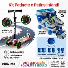 Kit Infantil Completo Patinete 4 Rodas E Patins Quad Regulavel Com Led E Proteção