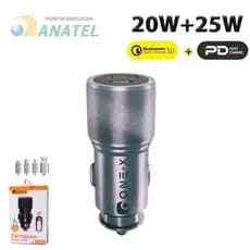Carregador Veicular ONEX 45W Turbo - Tipo C + USB - Rápido e Seguro p/ Todos Celulares