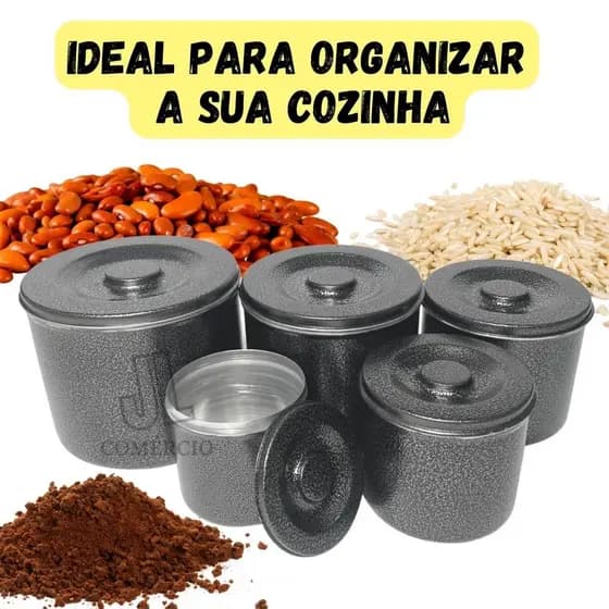 Jogo de Potes Mantimentos Em Aluminio Conjunto Com 5 Peças Preto Craqueado