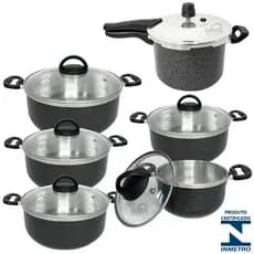 Jogo 6 Peças Com 5 Panelas Tampa de Vidro 16/24 + Panela De Pressão Fechamento Externo 4,5 Litros
